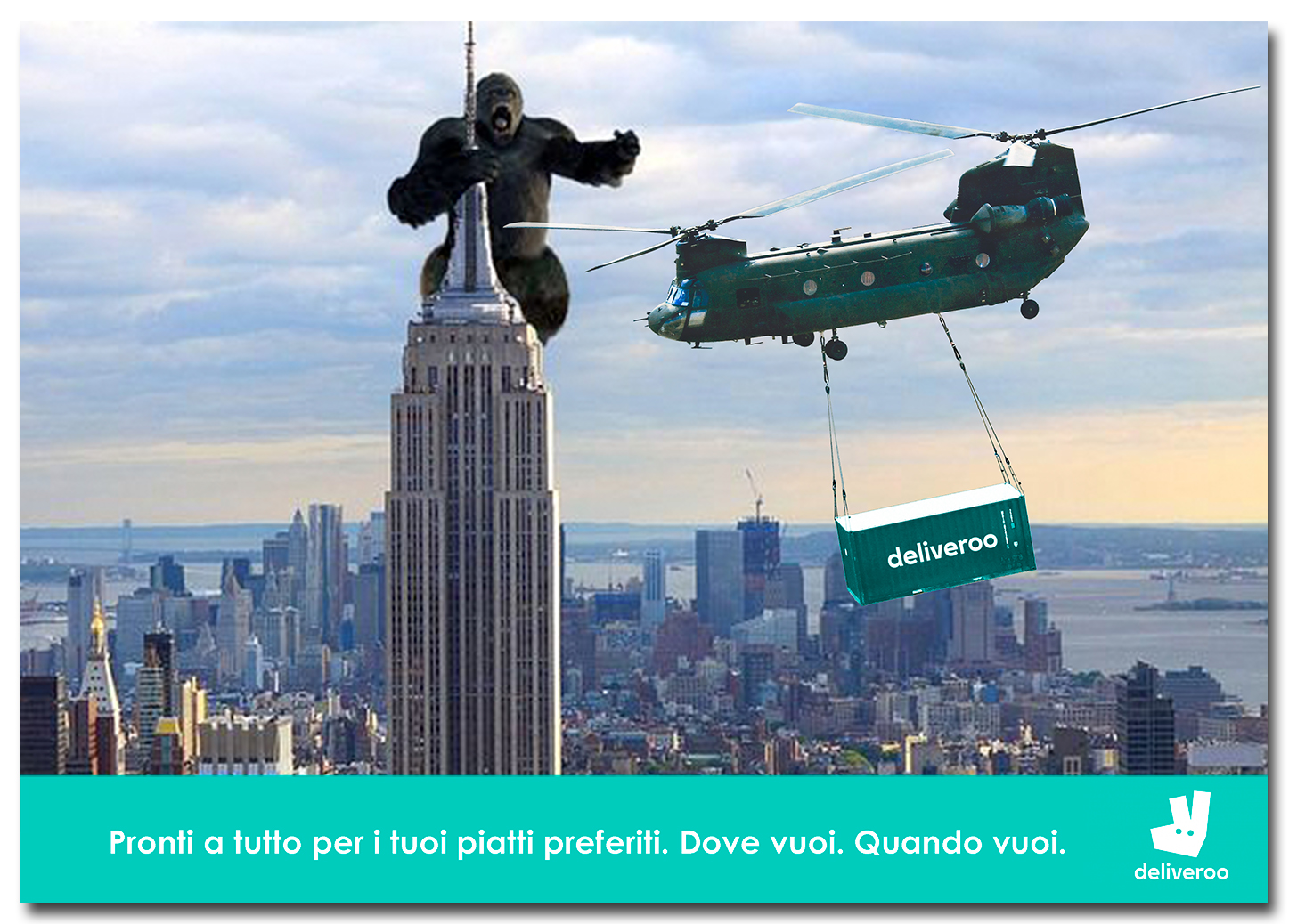 king-kong aspetta cibo di deliveroo portato da elicottero